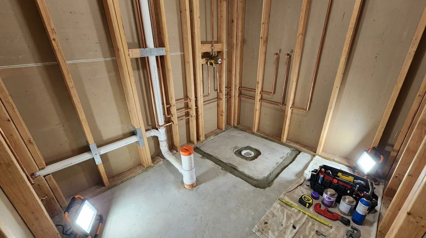 Bathroom rough-in plumbing during remodel by Johns Plumbing LLC in Mountain Lake