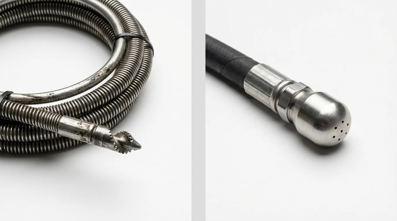 Drain snake cable and hydro jetting nozzle used for drain cleaning in Mountain Lake, MN