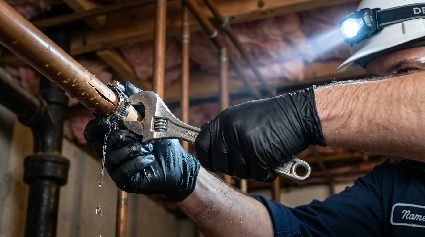 Emergency pipe clamp repair being performed by a Johns Plumbing LLC plumber in Mountain Lake