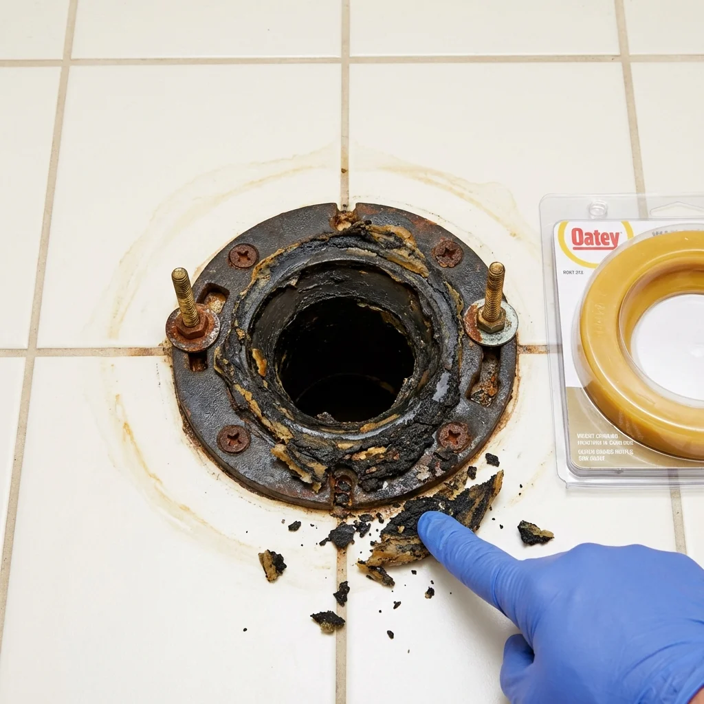 Failed wax ring showing water seepage at the base of a toilet in a Mountain Lake, MN home