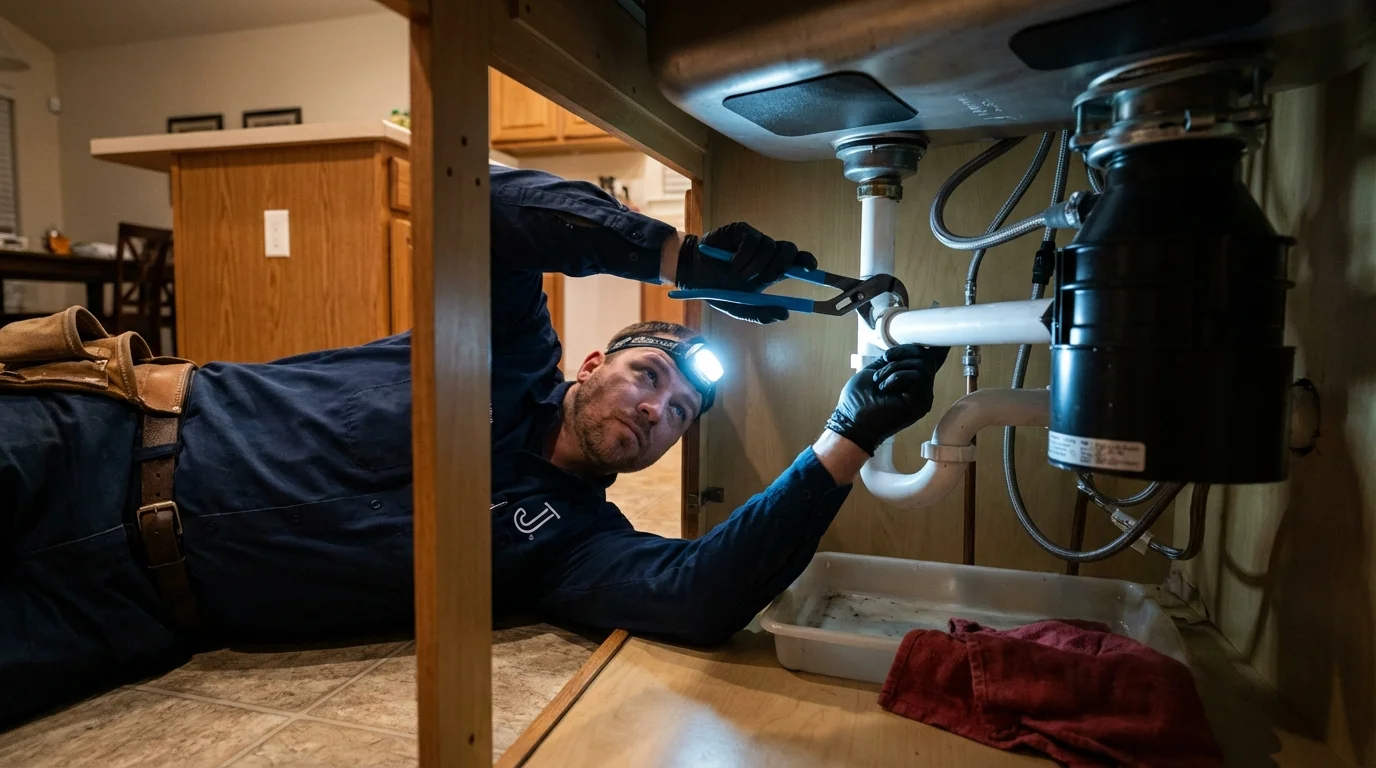 P-trap and supply line connections under a kitchen sink showing a common leak point in Mountain Lake, MN